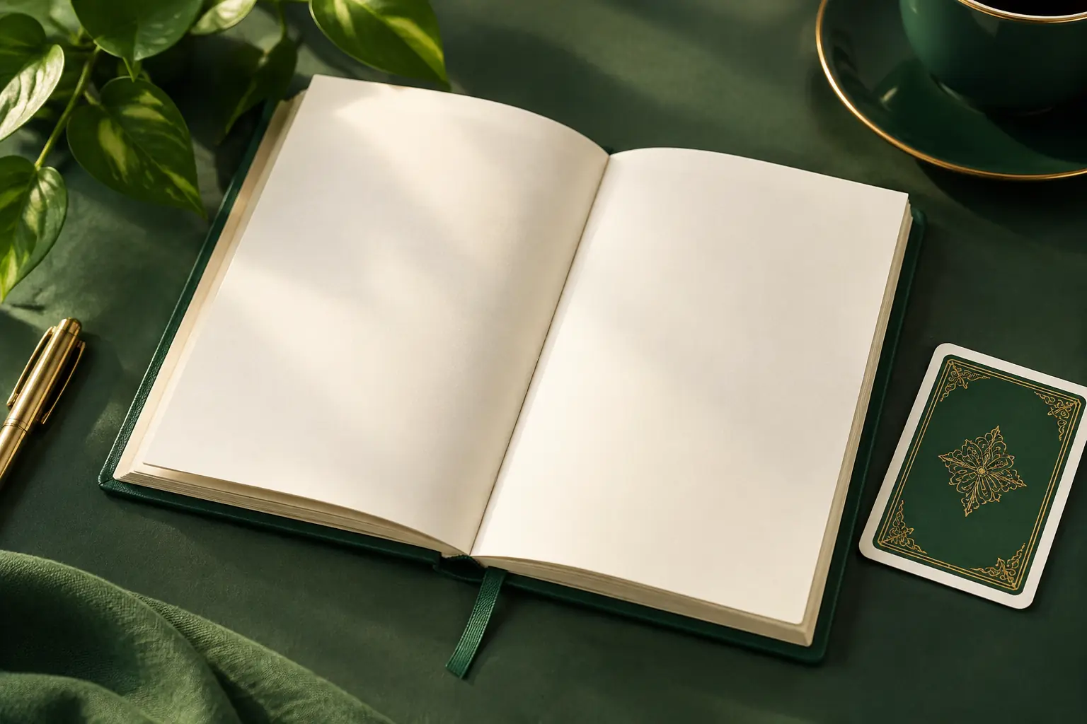 Buku terbuka dan pena pada meja hijau