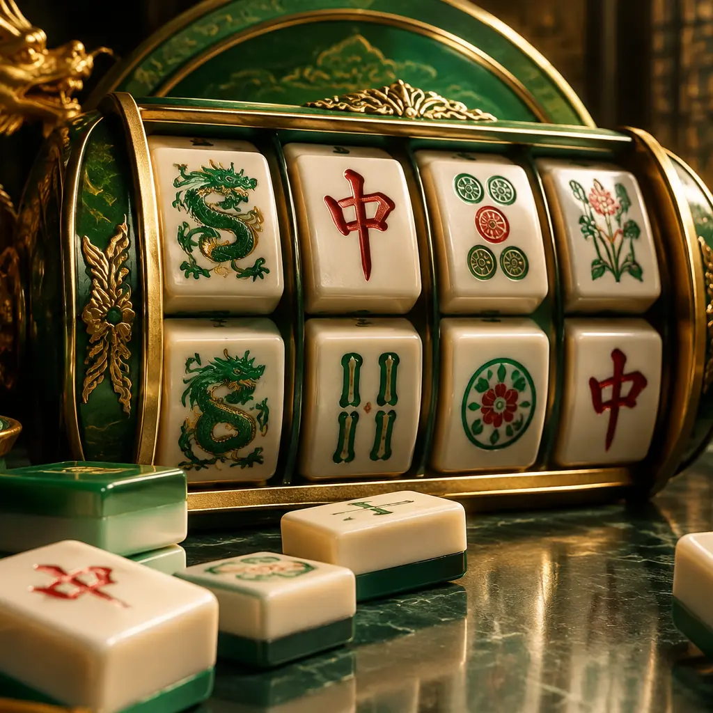 Ubin mahjong berpola pada latar hijau emas