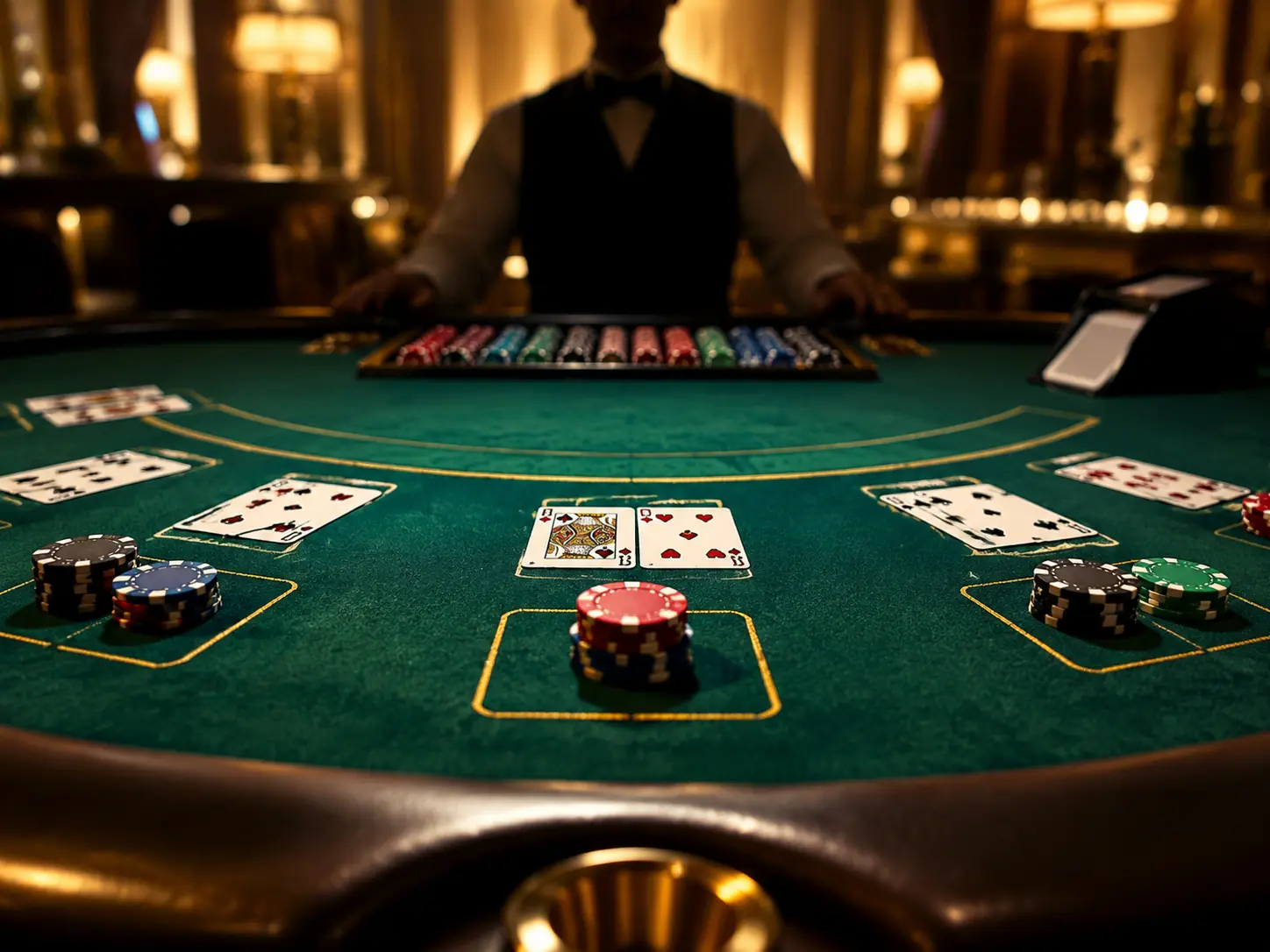 Meja blackjack dengan kartu dan pencahayaan studio